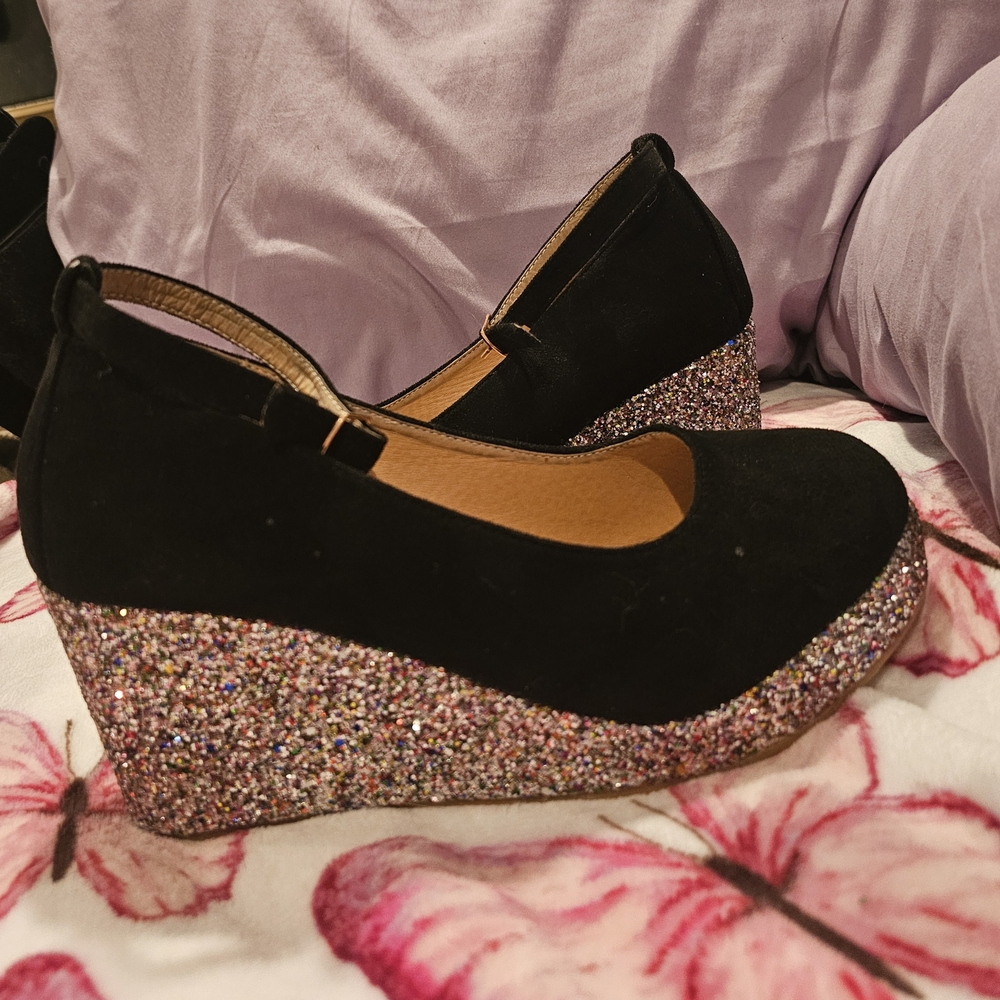 Black Glitter Wedge Shoes